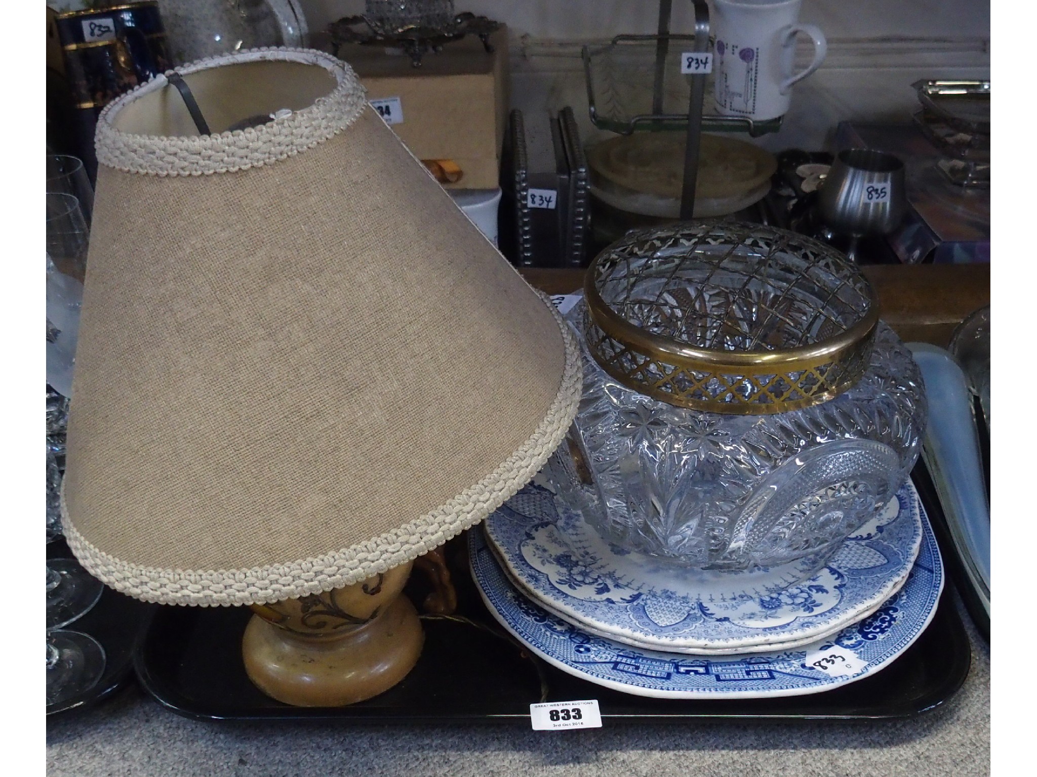 Appraisal: Tray comprising moulded glass rose bowl Mason's Ironstone ginger jar