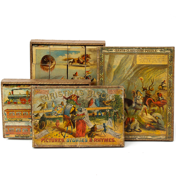 Appraisal: Victorian lithograph Christmas puzzle blocks in original boxes