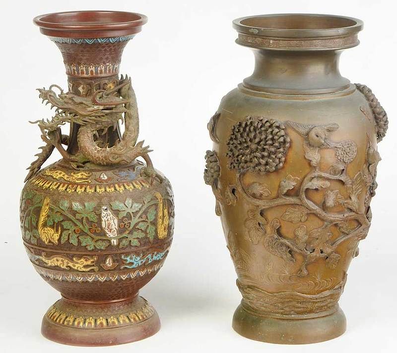 Appraisal: Two Asian Bronze Decorated Vases th century one high-relief gilt