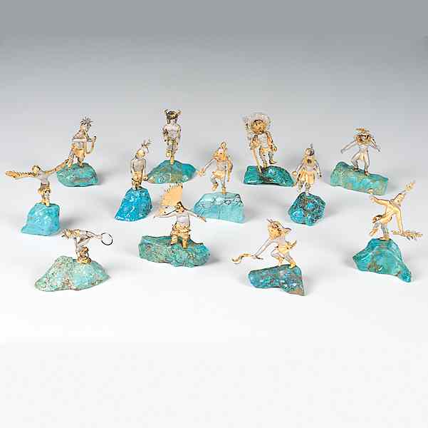 Appraisal: Mikael Redman Gold Silver and Turquoise Puebloan Figures from the