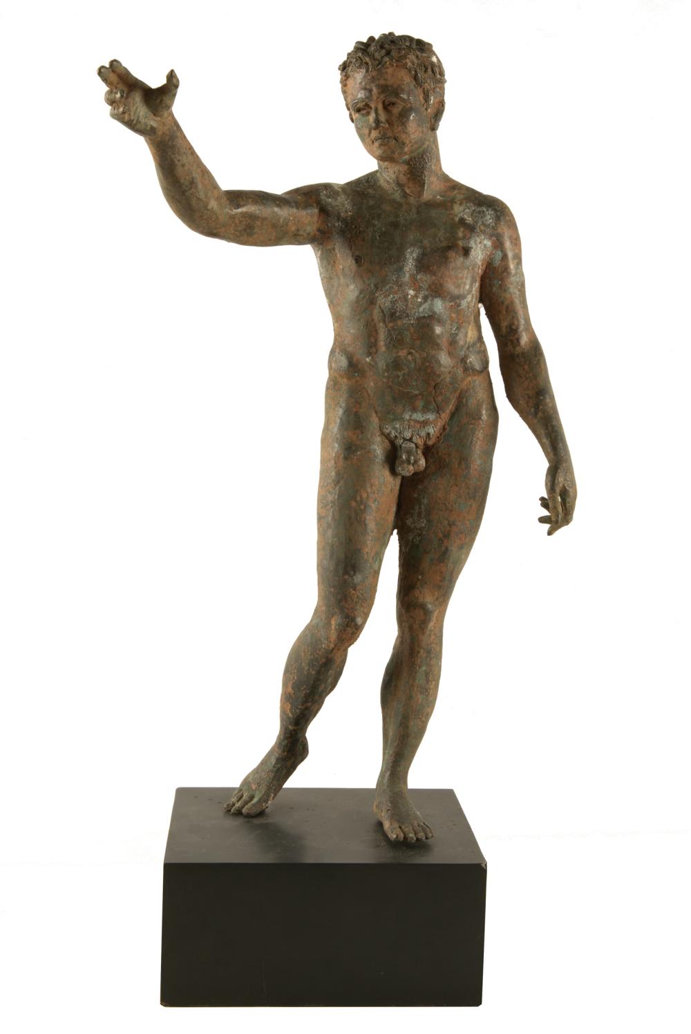 Appraisal: ROMAN BRONZE MALE FIGUREdepicted standing with raised right arm mounted