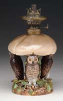 Appraisal: PORCELAIN MUSHROOM OWL MINI LAMP BASE Unlisted Three owls holding