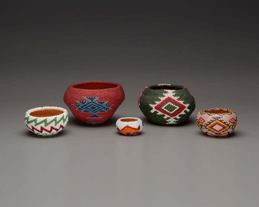 Appraisal: A group of five small Washoe beaded baskets Second half