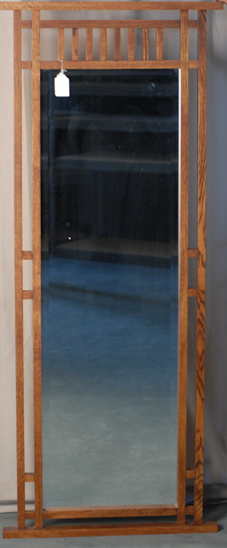 Appraisal: Stickley-style Full-length Wall Mirror beveled glass oak frame x