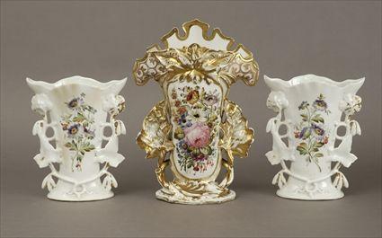 Appraisal: Three Paris Porcelain Gilt and Polychrome Decorated Mantel Vases Including