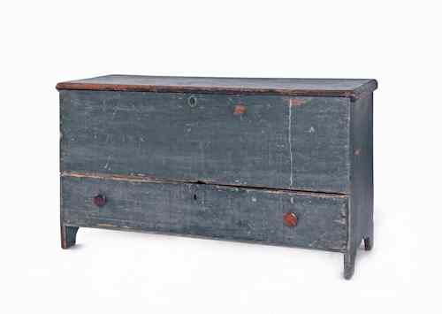 Appraisal: New England Queen Anne blue painted blanket chest ca with