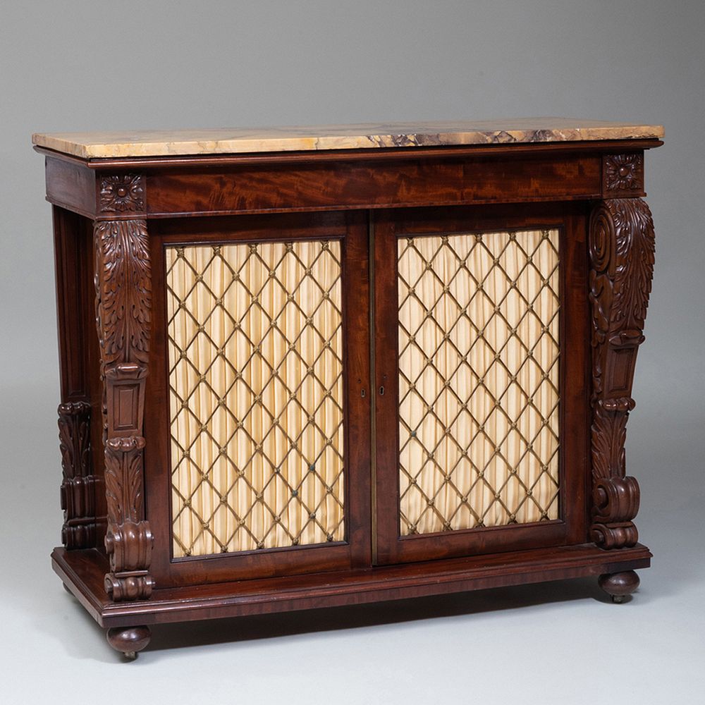 Appraisal: Late Regency Carved Mahogany and Grillwork Side Cabinet Fitted with