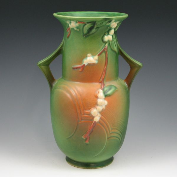 Appraisal: Roseville green Snowberry vase Marked Roseville USA V - Restored