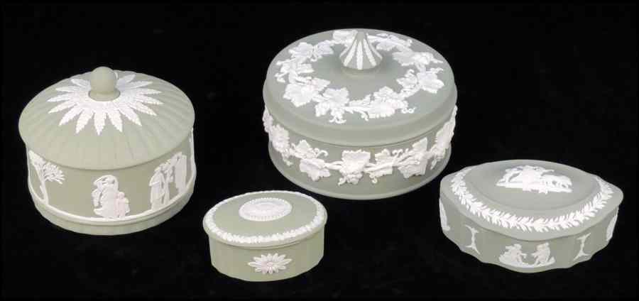 Appraisal: FOUR WEDGWOOD JASPERWARE BOXES Largest '' x '' Condition No