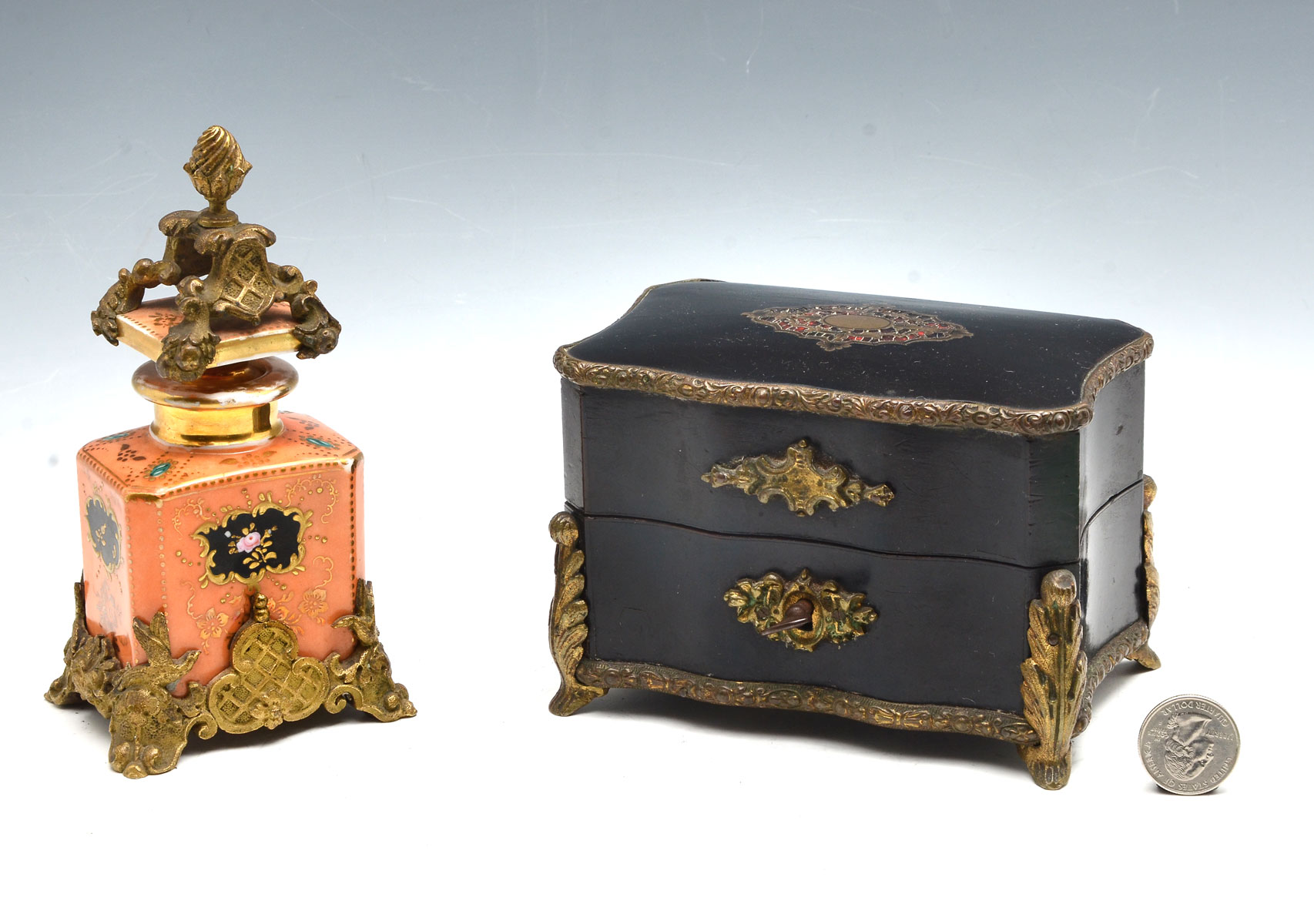 Appraisal: PC INKWELL AND BOX SET Comprising brass mounted porcelain inkwell