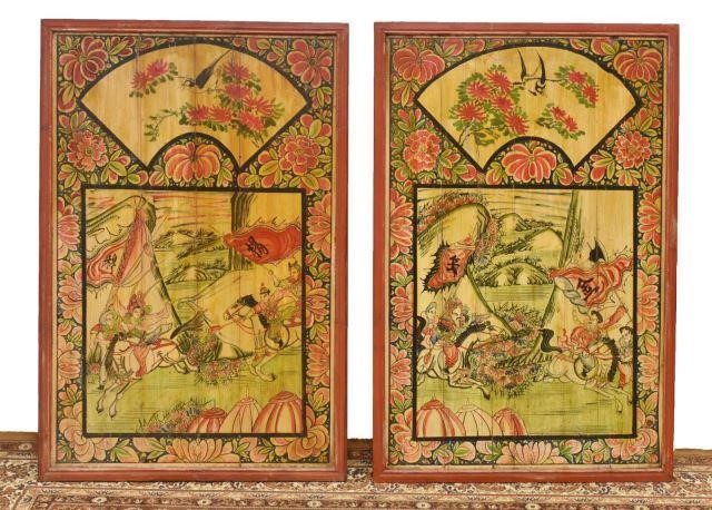 Appraisal: pair Chinese hand-painted wood panels each depicting the war between