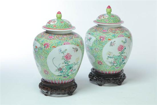 Appraisal: PAIR OF COVERED JARS China late th century porcelain Famille