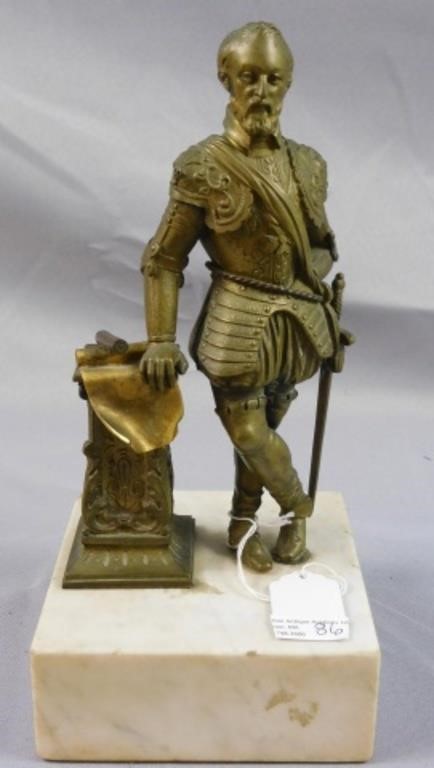 Appraisal: SIR FRANCIS DRAKE BRONZE SCULPTURE DEPICTINGDrake in armed regalia leaning