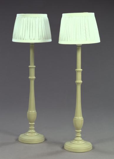 Appraisal: Tall Pair of French Matte Gris-de-Trianon-Painted Turned Wood Candlestick Lamps