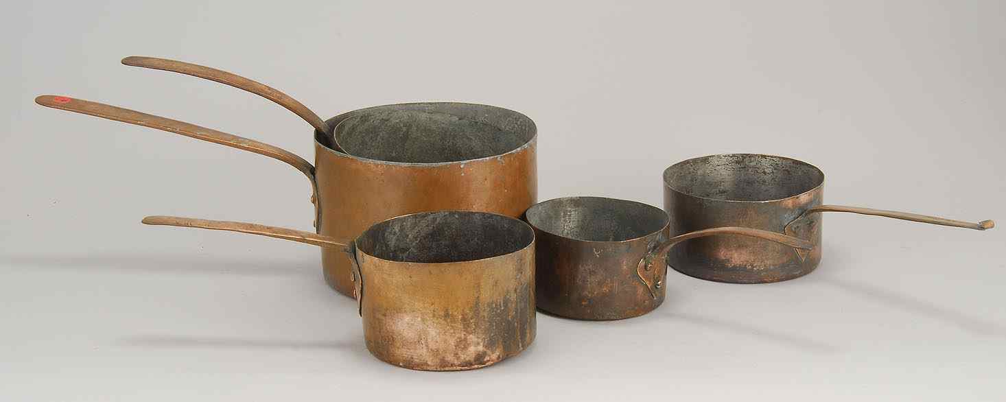 Appraisal: GRADUATED NEST OF FIVE HAND-WROUGHT COPPER SAUCEPANS th CenturyWith dovetail