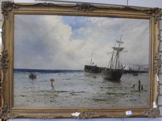 Appraisal: Gustave de Breanski - Low tide beach scene with moored