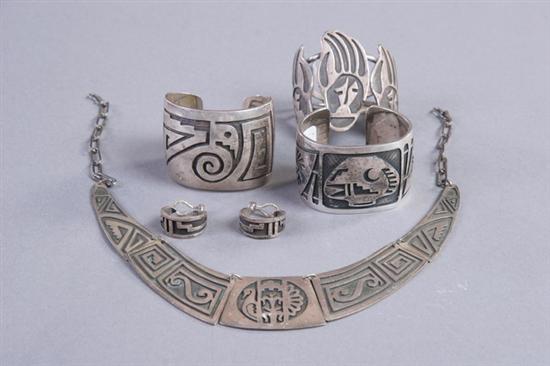 Appraisal: GROUP HOPI STERLING SILVER OVERLAY JEWELRY Including segmented necklace center