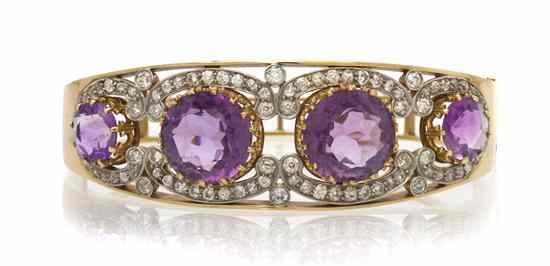 Appraisal: A Vintage Karat Yellow Gold Amethyst and Diamond Bangle Bracelet