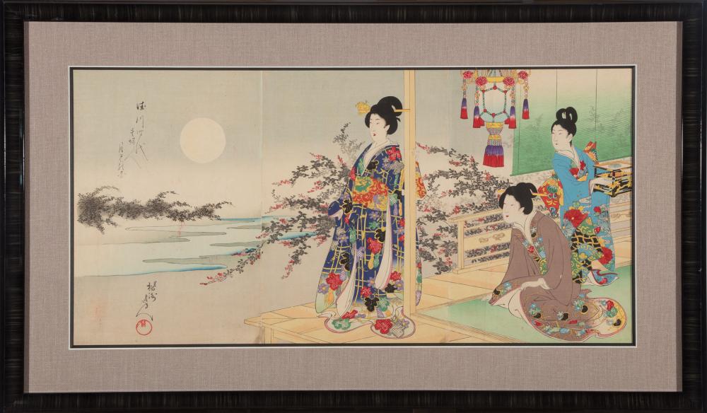 Appraisal: Toyohara Chikanobu Japanese - woodblock print triptych featuring a beauty