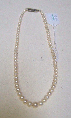 Appraisal: A single row necklace of cultured pearls graduating in size