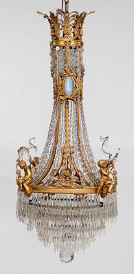 Appraisal: Louis XVI style figural bronze chandelier basket-form fixture set with