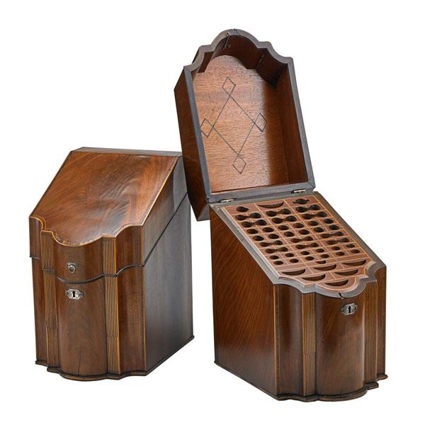 Appraisal: PAIR OF GEORGE III KNIFE BOXES Mahogany slanted lids with