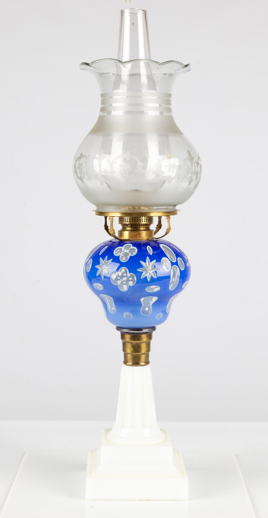 Appraisal: BOSTON AND SANDWICH GLASS COMPANY BLUE OVERLAY OIL LAMP circa