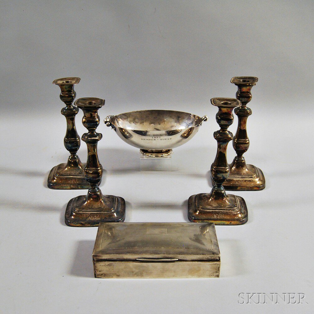 Appraisal: Set of Four Silver-plate Candlesticks and an International Silver-plated Presentation