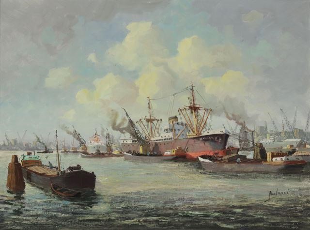 Appraisal: Framed oil on canvas painting Ships in Harbor signed lower