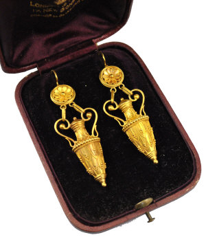 Appraisal: Pair of Victorian Etruscan style amphora-shaped earring drops with granulated