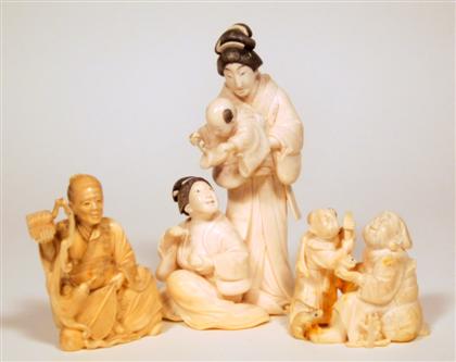 Appraisal: Three Japanese ivory okimonosComprising a young boy with nurse and