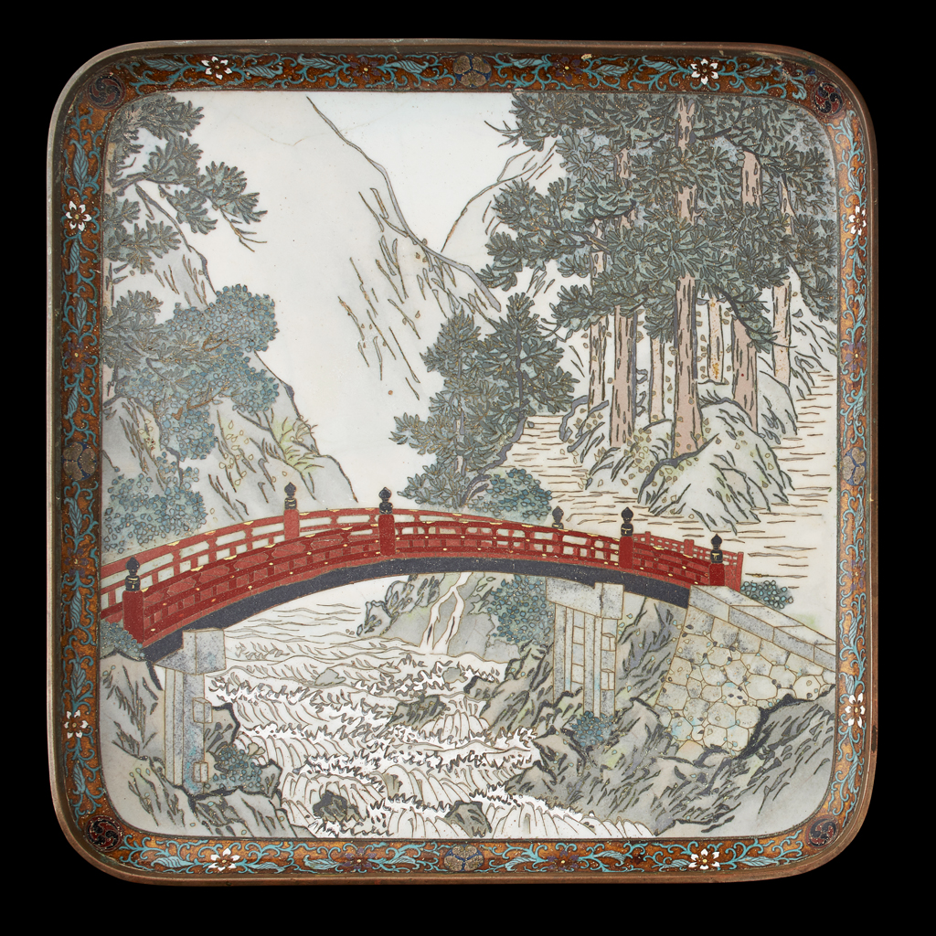 Appraisal: SQUARE CLOISONN ENAMEL 'LANDSCAPE' TRAY MEIJI PERIOD finely enamelled with