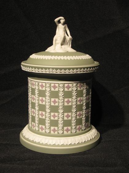 Appraisal: Green Wedgwood jasperware biscuit jar Overall H in PROVENANCE The