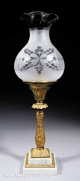 Appraisal: An American Gilt Bronze White Marble and Etched Glass Solar