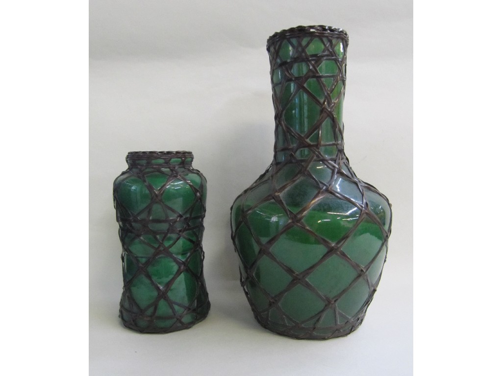 Appraisal: Two Japanese green vases with overlaid wicker decoration