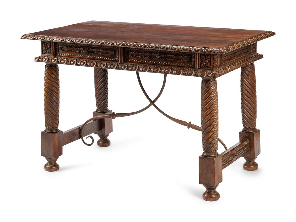 Appraisal: A Spanish Baroque Style Walnut Trestle Table A Spanish Baroque