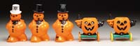 Appraisal: LOT OF FIVE PLASTIC HALLOWEEN ITEMS Consists of three snowmen