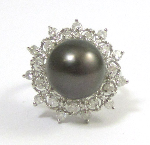 Appraisal: TAHITIAN BLACK PEARL AND DIAMOND RING with appraisal The white