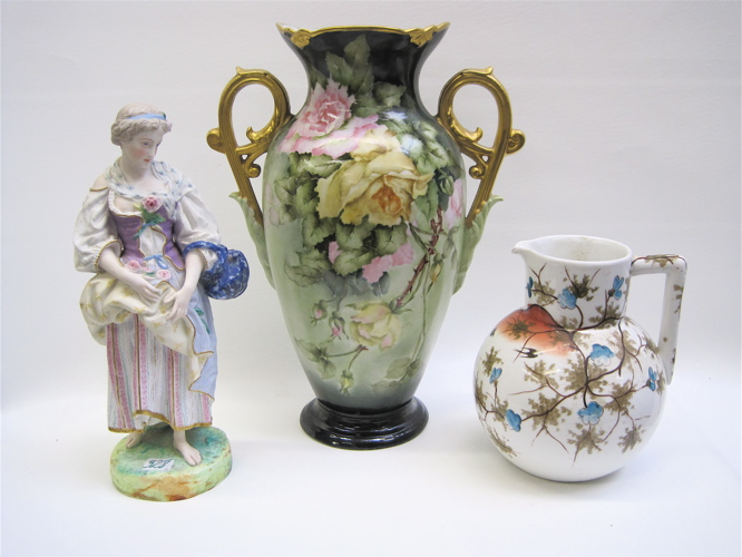 Appraisal: GROUP OF THREE DECORATIVE PORCELAINS hand painted vase yellow roses