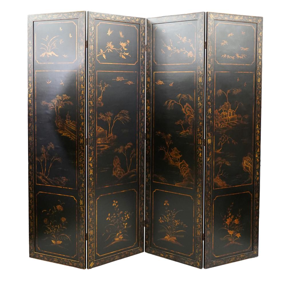 Appraisal: CHINESE-STYLE GILT EBONIZED WOOD FOUR-FOLD SCREENProvenance The Terry and Debbi