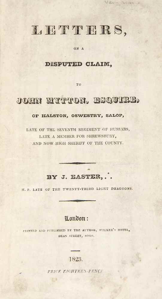 Appraisal: Easter J Letters on a Disputed Claim to John Mytton