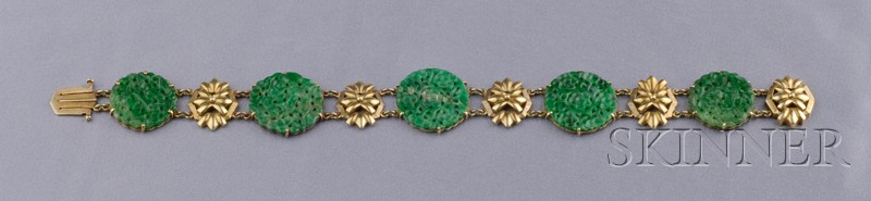 Appraisal: kt Gold and Jadeite Bracelet c composed of floral carved