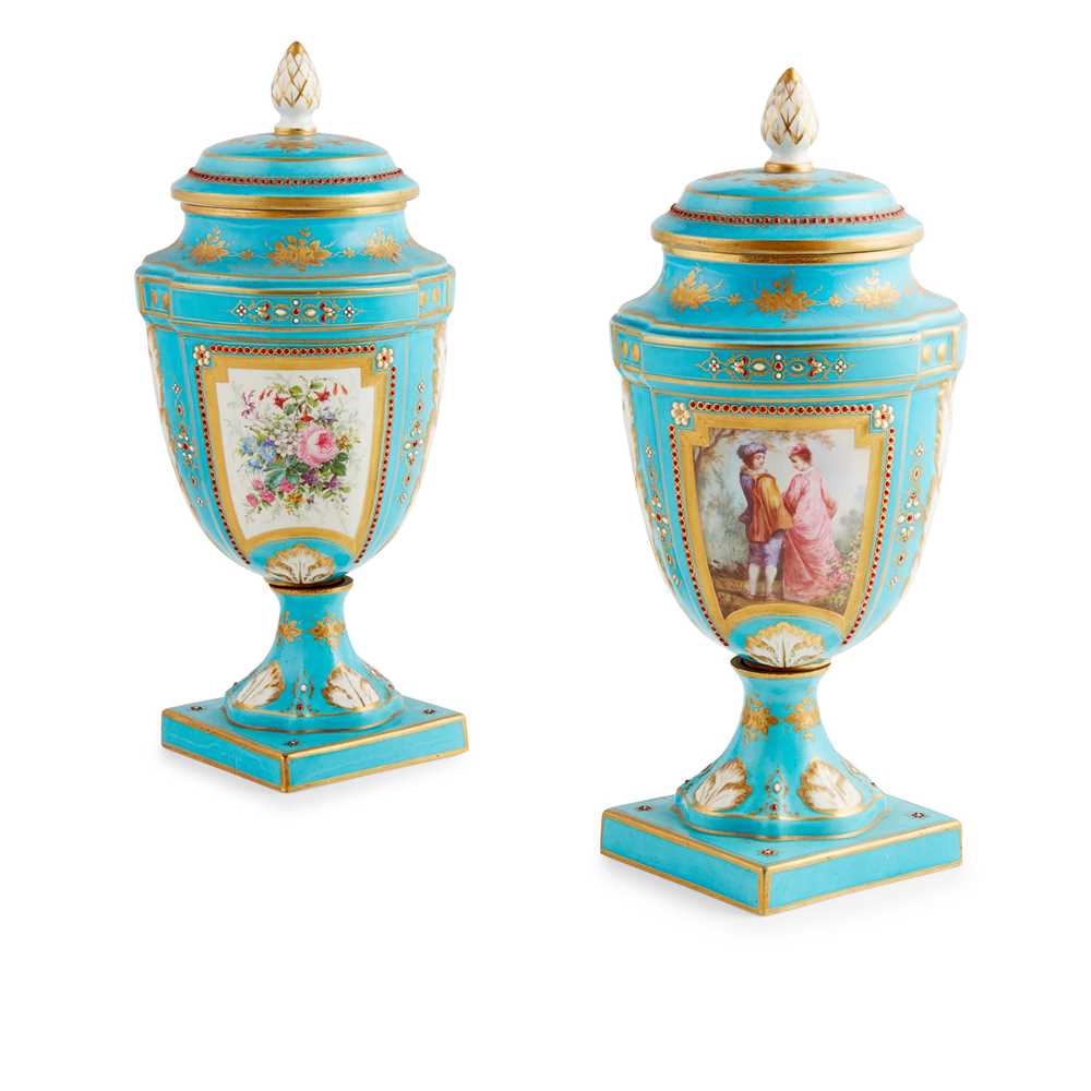 Appraisal: PAIR OF SEVRES STYLE URNS AND COVERS LATE TH CENTURY