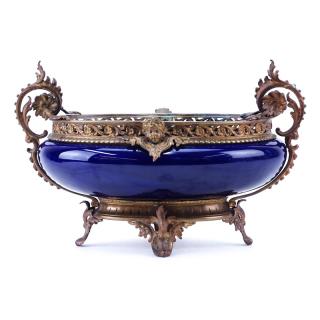 Appraisal: Antique Sevres-Style Gilt Bronze Mounted Cobalt Blue Centerpiece Unsigned Hairline