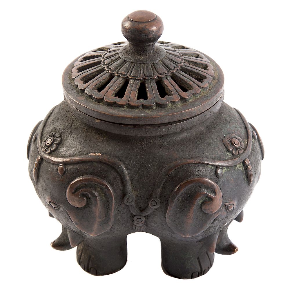 Appraisal: Chinese Bronze Elephant-Form Censer Tri-form censer with elephant faces and