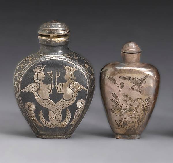 Appraisal: Two embellished metal snuff bottles Both of flattened baluster form