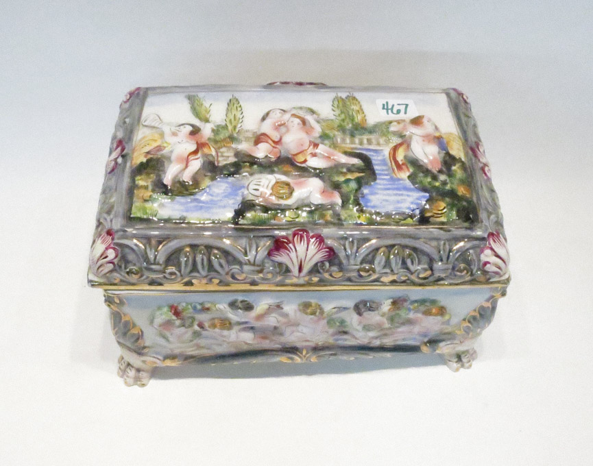 Appraisal: SIGNED CAPODIMONTE PORCELAIN JEWELRY CASKET having hinged lid and decorated