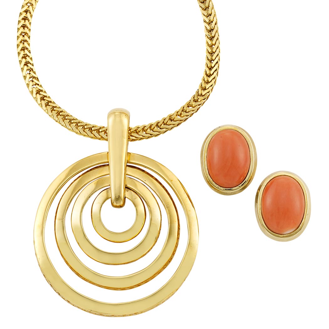 Appraisal: Pair of Gold and Coral Earclips and Gold Pendant-Necklace kt