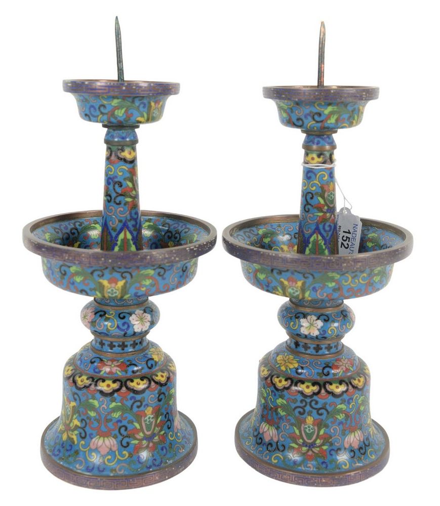 Appraisal: Pair of Chinese Cloisonne Pricket Candle Holders each having two