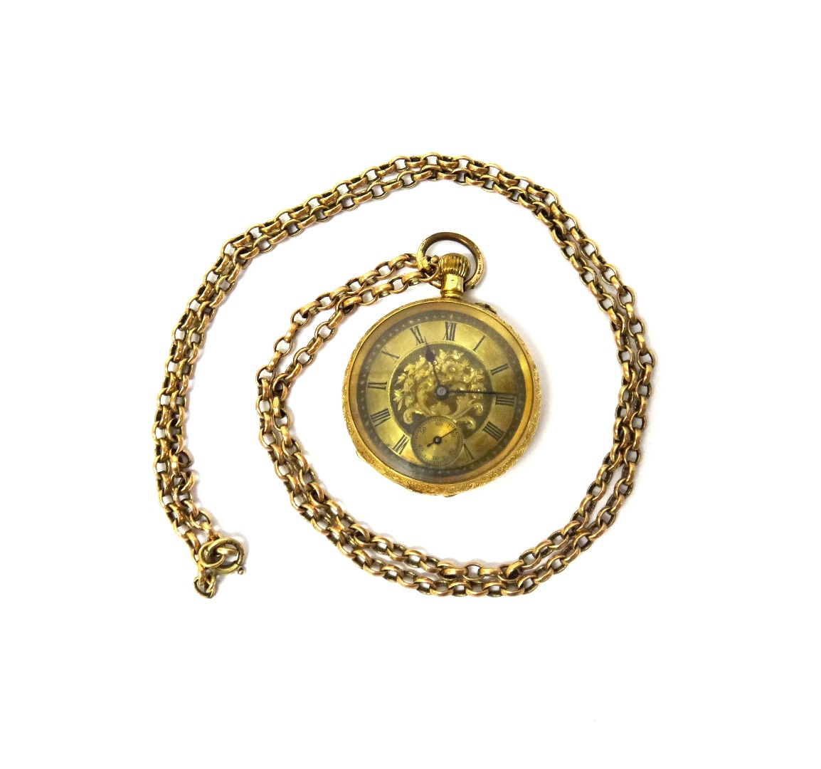 Appraisal: A lady's gold cased keyless wind openfaced fob watch with